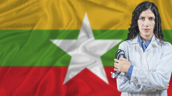 Burmese national health system, Medical professional on Myanmar flag background