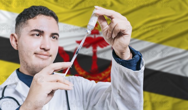 Doctor holding syringe on Brunei flag background. Medical professional holding syringe with