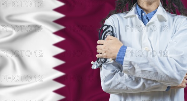 Healthcare professional with Qatar flag background. Professional doctor holding stethoscope on