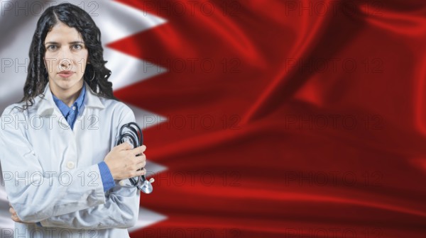 Bahraini national health system, Medical professional on Bahrain flag background