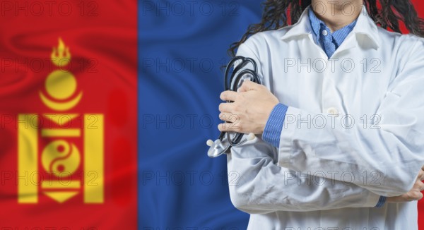 Healthcare professional with Mongolia flag background. Professional doctor holding stethoscope on
