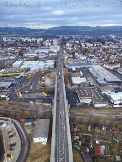 Aerial view of the town of Radolfzell on Lake Constance with Zeppelin road leading through the