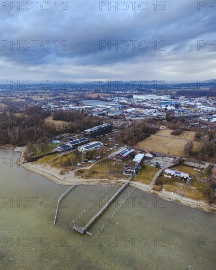 Aerial view of the town of Radolfzell on Lake Constance with the riverbanks and filming location of