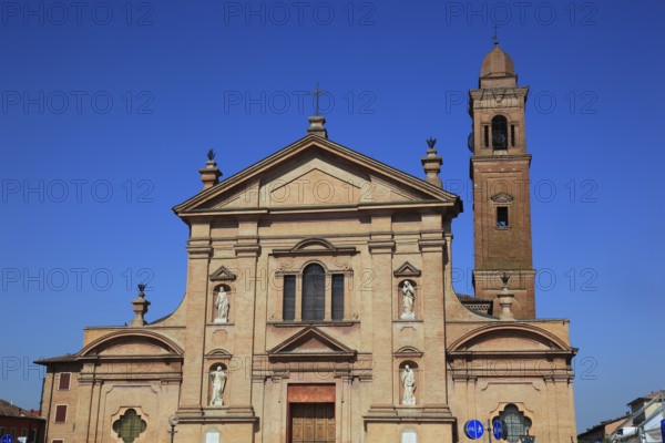 Piazza Unita and the Santo Stefano Collegiate Church in the city of Novellara, Emilia-Romagna,