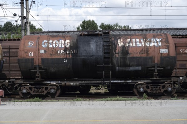 Gori, Georgia. September 10th 2025. A Georgian Railways oil or fuel tanker carriage, stationary at