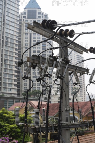 Bangkok, Thailand. March 4th 2025. Electricity power distribution lines connecting electric