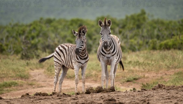 Burchell's zebra (Equus quagga burchelli) with young, Addo Elephant National Park, Eastern Cape,