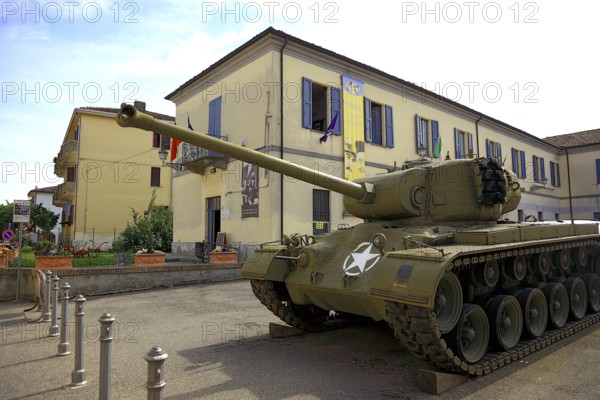 Italy, village of Brescello, film prop of restored M26 Pershing tanks in front of the museum of Don