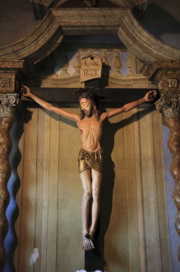 Italy, Brescello village, The talking cross from the movie, Don Camillo and Peppone in the