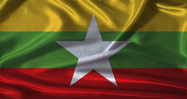National flag of Myanmar with cloth texture. Myanmar flag with realistic texture background