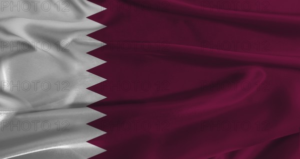 Flag of Qatar with fabric textured background. Close up of National flag of Qatar with realistic