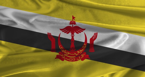 Flag of Brunei with fabric textured background. Close up of National flag of Brunei with realistic