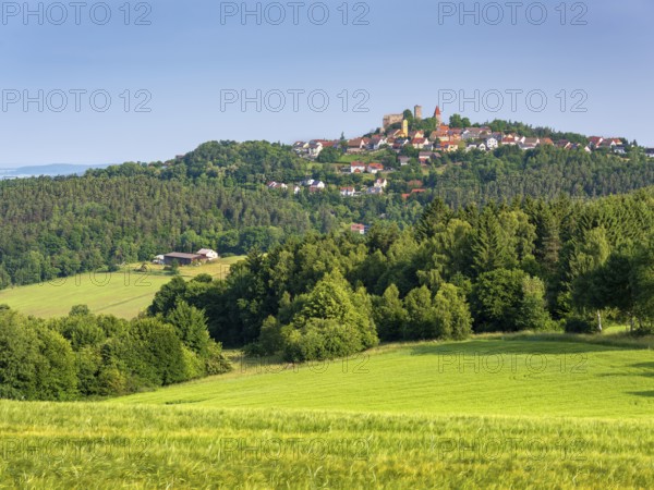 View over fields and forests at Leuchtenberg village and castle, Upper Palatinate, Bavaria, Germany