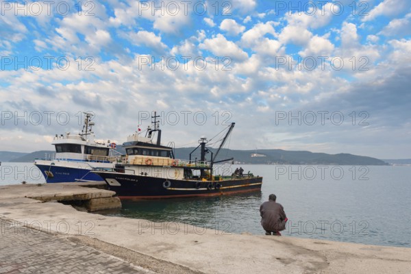 Canakkale, Turkey. February 18th 2022 Turkish fishing boats moored in Canakkale on the Dardenelles
