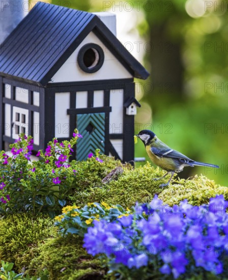 Great tit (Parus major), adult bird sitting with a green caterpillar in its beak in front of a