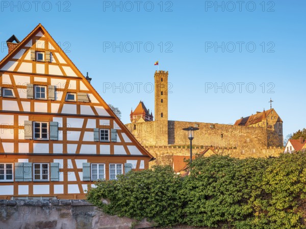 Franconian half-timbered house at Abenberg Castle in the evening light, Abenberg, Middle Franconia,