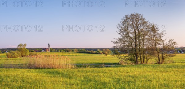 Meadow landscape in the Altmühltal, behind Großenried with the church of St. Lawrence, Middle