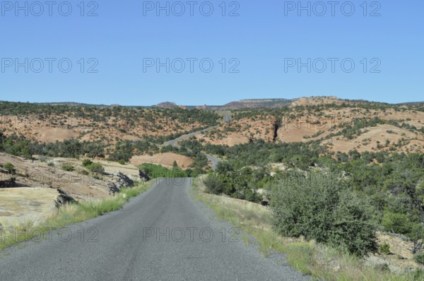 A road leads through a dry landscape with rocks and scattered greenery under a blue sky, Grand
