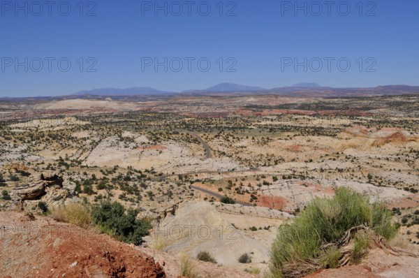 Wide landscape with reddish rocks and sparse plant growth under clear blue sky, Grand Staircase