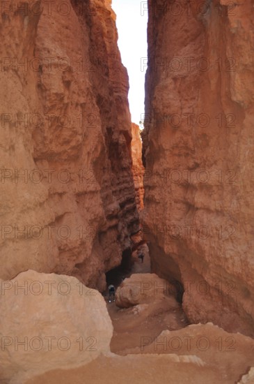 Narrow gorge in Bryce Canyon with high red rock walls on both sides, Bryce Canyon National Park,