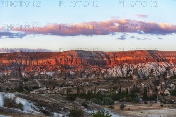 Beautiful sunset panorama of the Red Rose Valley in Cappadocia, a perfect location for hiking or