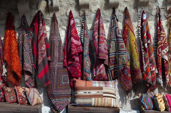 Beautiful traditional Anatolian rugs and carpets for sale outside a Turkish shop in Cappadocia,