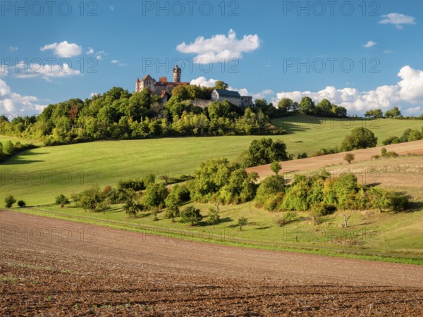 Field landscape in Wetterau in summer under blue sky with cumulus clouds, Ronneburg in the