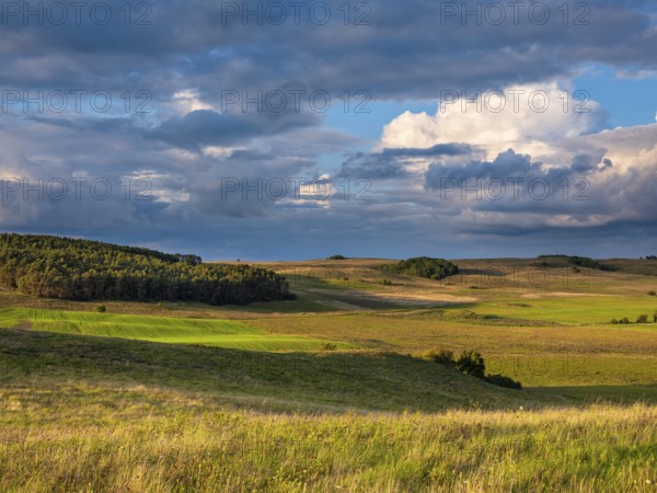 Hilly landscape in the Zicker Mountains in evening light under dramatic stormy clouds, including