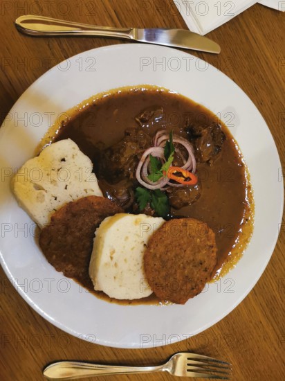 Delicious dish, Czech goulash on a plate with bread dumplings, meat garnished in sauce and onions,
