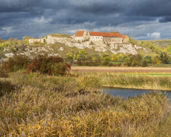 Wendelstein Castle above the Unstrut near Memleben in autumn under dark clouds, reeds in autumn