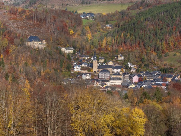 View of Gräfenthal with Wespenstein Castle in the Thuringian Highlands in autumn, Gräfenthal,