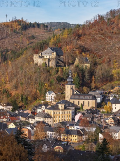 View of Gräfenthal with Wespenstein Castle in the Thuringian Highlands in autumn, Gräfenthal,