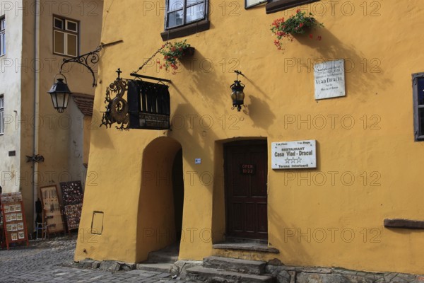 Romania, the house façade of Vlad Tepes' birthplace in the historic old town of Sighisoara, German