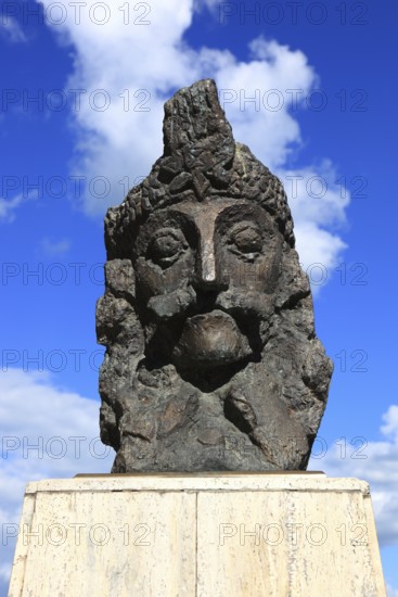 Romania, monument of Vlad Tepes, bust of Dracula in the old town of Sighisoara, German Sighisoara,