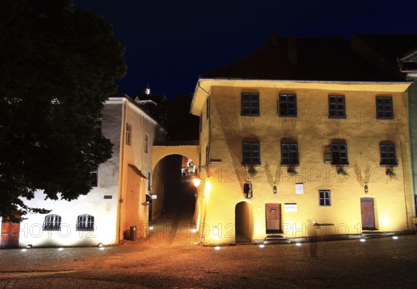 Romania, Vlad Tepes' birthplace at blue hour in the historic old town of Sighisoara, German