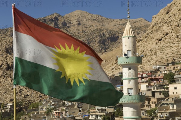 Akre, Kurdish North Iraq. October 2nd 2009 Kurdish flag flying over the village of Akre, near Dohuk