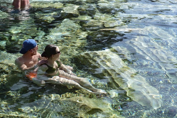 Pamakkale, Turkey, April 25th 2020 Tourists enjoy the healing properties of thermal waters among