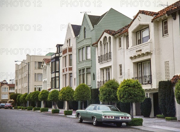 Mediterranean and Spanish Colonial Revival-style row houses stands in the Marina District of San