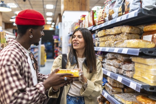 Diverse young couple looking at each other, one holding a packaged baked good while standing in a