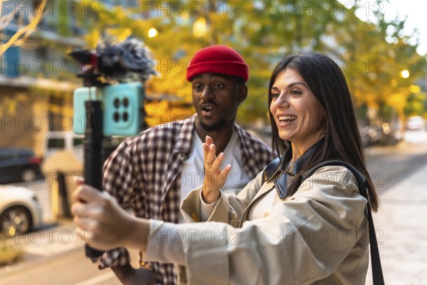 Happy young multiracial couple creating social media content, live streaming, and recording video