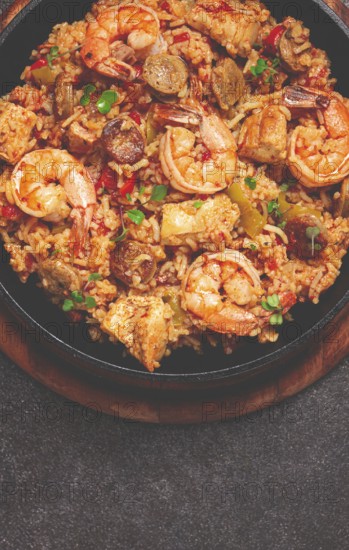 Jambalaya, Creole dish, American pilaf, rice with chicken and shrimp, vegetables, homemade, no