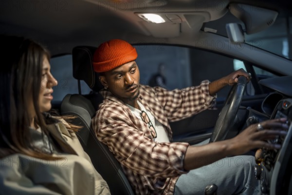 Young couple on a nighttime road trip, man driving while woman navigates and they chat over the