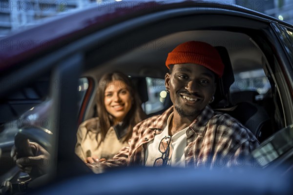 Young couple sharing a city rideshare at night, smiling in the car under street lights, enjoying an