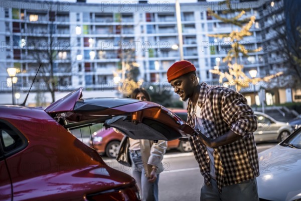 Young couple standing by their car with an open trunk in a city street at dusk, preparing for a