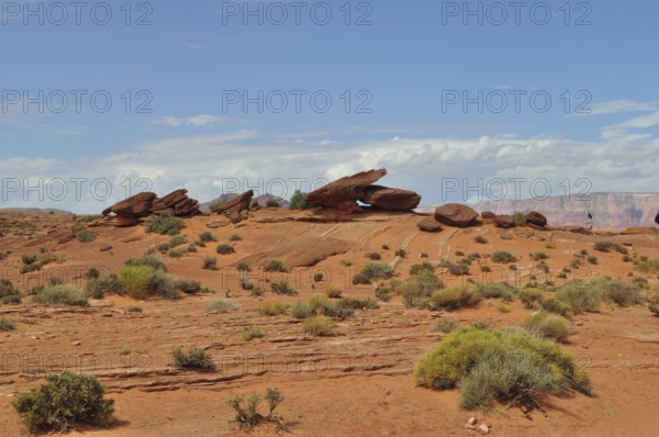 Desert landscape with red rock formations and sparse vegetation under a blue sky with clouds,