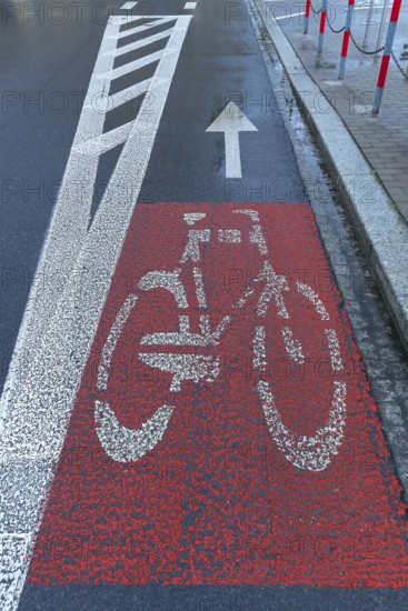 Red marked bicycle path on the road, Krakow, Poland
