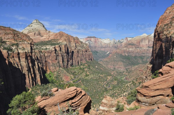 Panorama of rugged rocks and canyons with sweeping views over a rugged landscape, Zion National