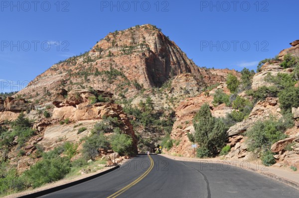 Road leads through red rocks into a picturesque mountain landscape under clear skies, Zion National