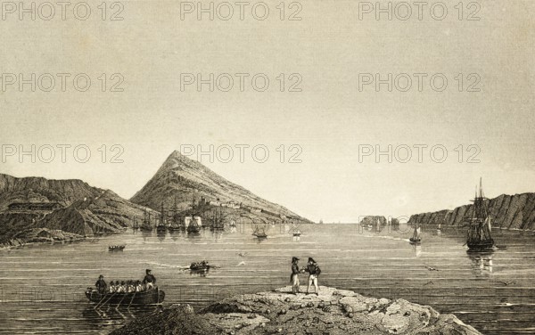 Navarino with Navarino Bay, today Pylos, Greece, mountains, soldiers, rowing boats, sailing ships,