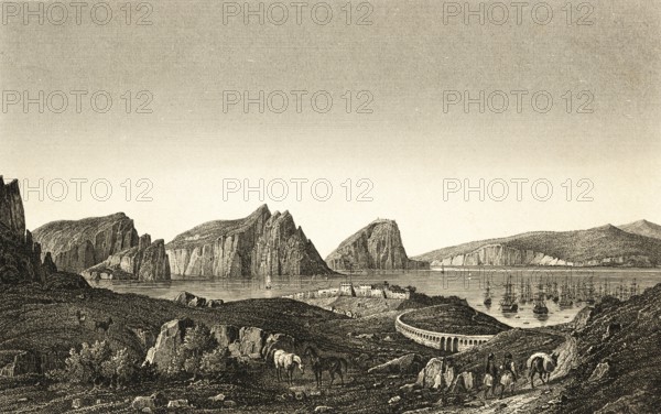 Navarino and its bay, today Pylos, Greece, sailing ships, two-masted, mountain landscape, donkeys,